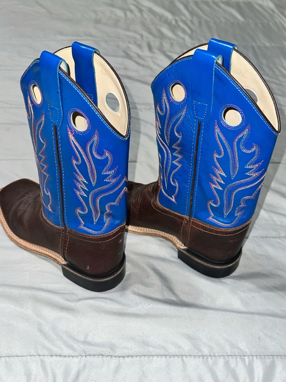 Old West Boys Big Kid Sz 5 Embroidered Cowboy Boots Western BrownBlue Square Toe - Picture 5 of 14